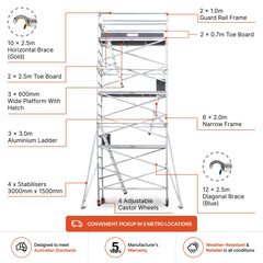 6.3m - 6.6m Narrow Aluminium Mobile Scaffold Base Tower with 4 Outriggers & Kickboards