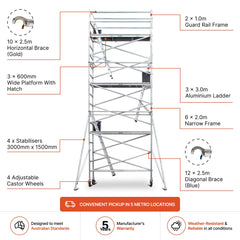 6.3m - 6.6m Narrow Aluminium Mobile Scaffold Base Tower with 4 Outriggers