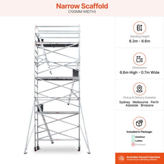 6.3m - 6.6m Narrow Aluminium Mobile Scaffold Base Tower with 4 Outriggers