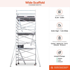 6.3m - 6.6m Wide Aluminium Mobile Scaffold Base Tower with 2 Outriggers & Kickboards