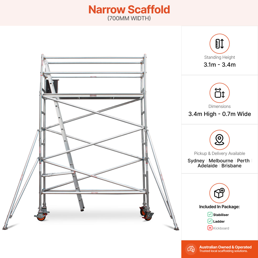 3.1m – 3.4m Narrow Aluminium Mobile Scaffold Base Tower with 4 Outriggers