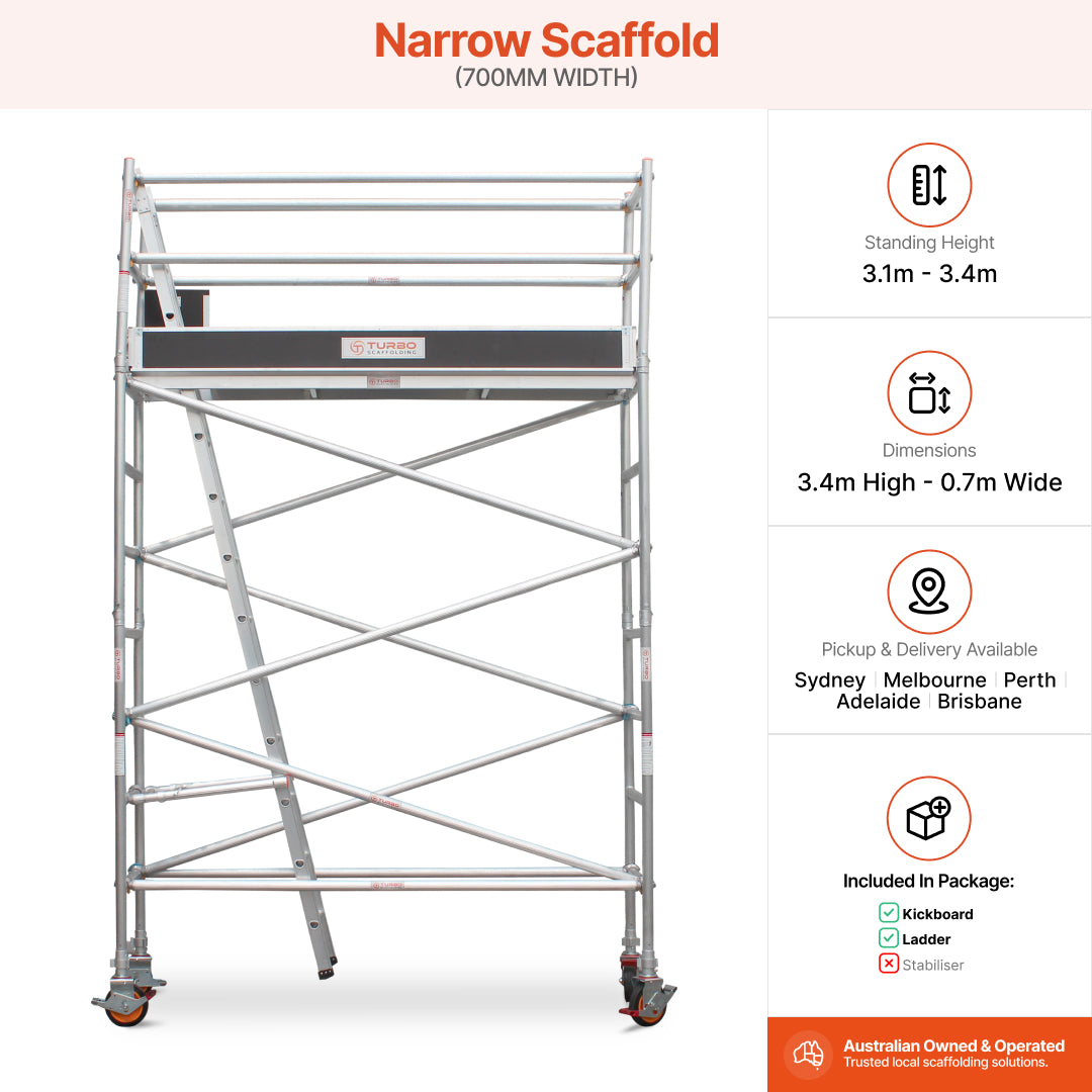 3.1m – 3.4m Narrow Aluminium Mobile Scaffold Base Tower with Kickboards
