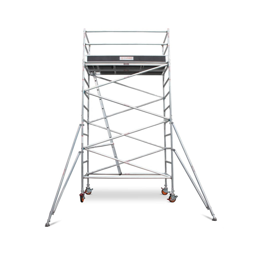3.9m - 4.2m Wide Aluminium Mobile Scaffold Base Tower with 4 Outriggers & Kickboards