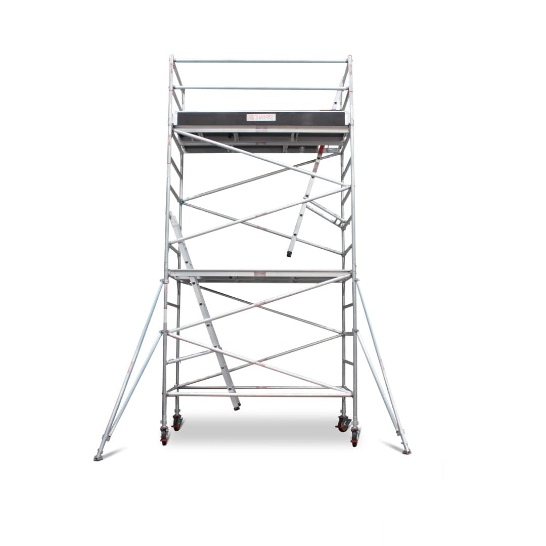 4.3m - 4.6m Wide Aluminium Mobile Scaffold Base Tower with 4 Outriggers & Kickboards