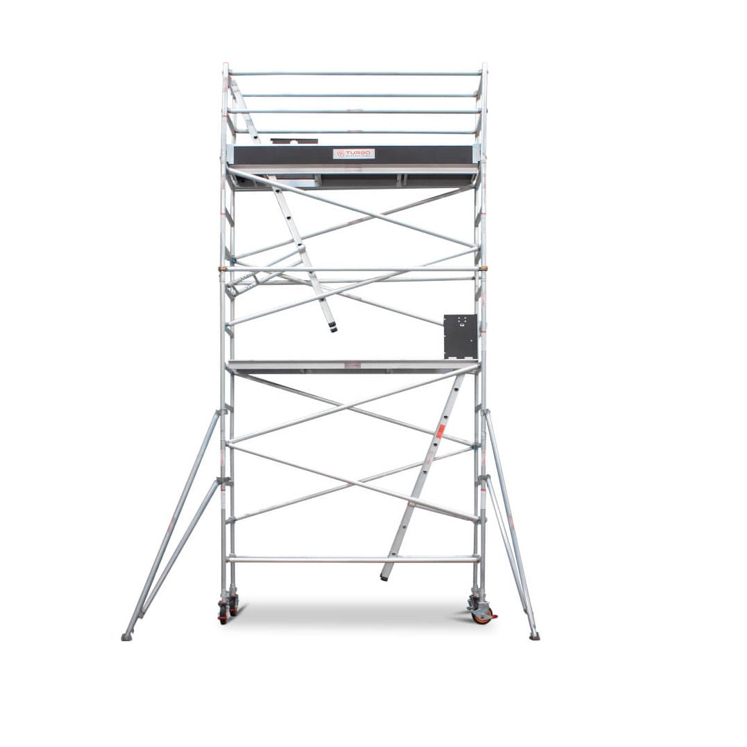 4.7m – 5.0m Narrow Aluminium Mobile Scaffold Base Tower with 4 Outriggers & Kickboards