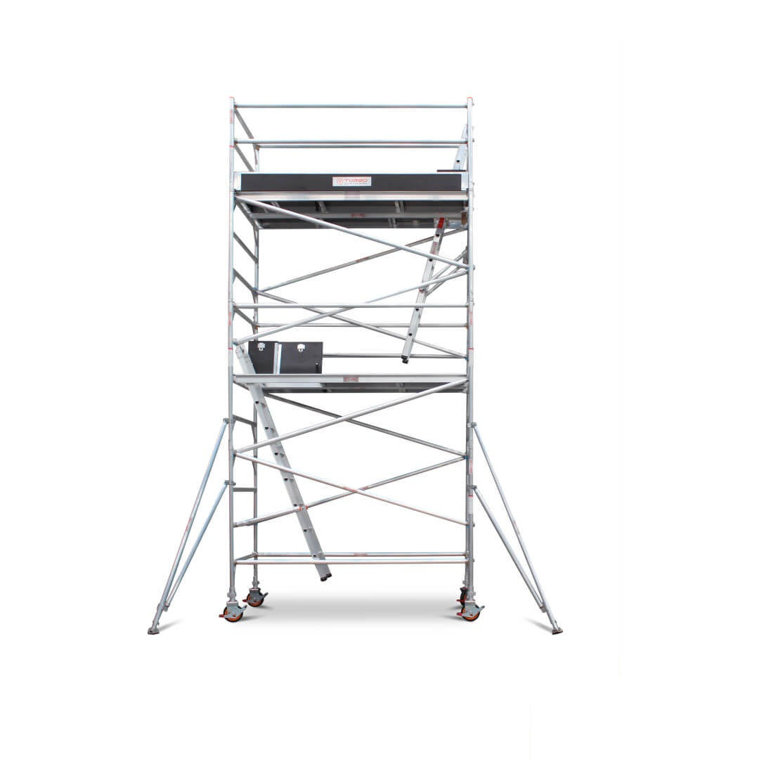 4.7m – 5.0m Wide Aluminium Mobile Scaffold Base Tower with 4 Outriggers & Kickboards