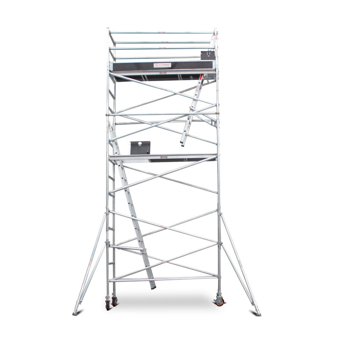 5.5m - 5.8m Narrow Aluminium Mobile Scaffold Base Tower with 2 Outriggers & Kickboards