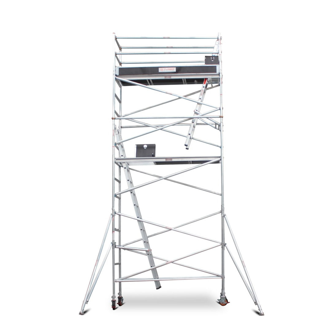 5.5m - 5.8m Narrow Aluminium Mobile Scaffold Base Tower with 4 Outriggers & Kickboards