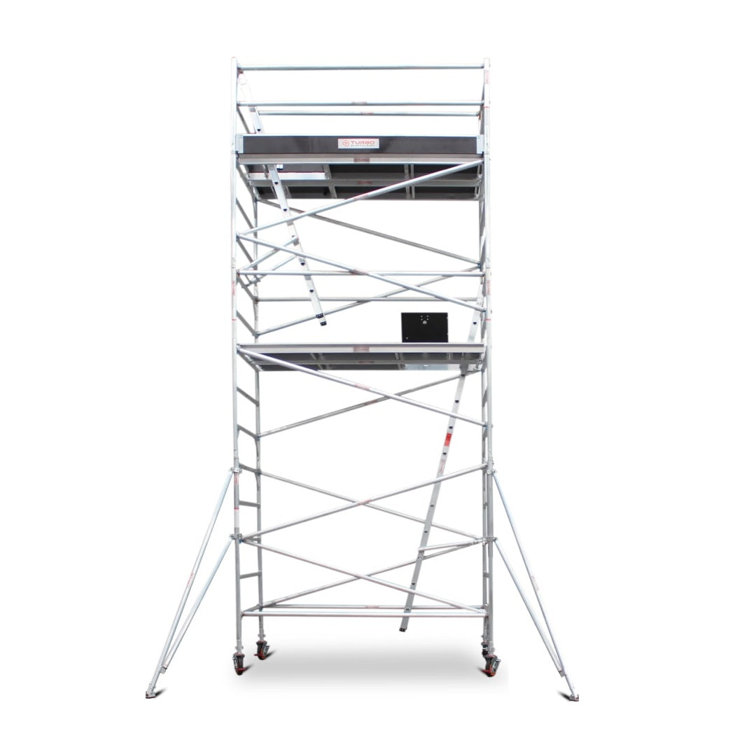 5.5m - 5.8m Wide Aluminium Mobile Scaffold Base Tower with 2 Outriggers & Kickboards