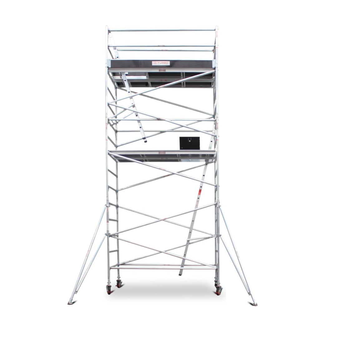 5.5m - 5.8m Wide Aluminium Mobile Scaffold Base Tower with 4 Outriggers & Kickboards