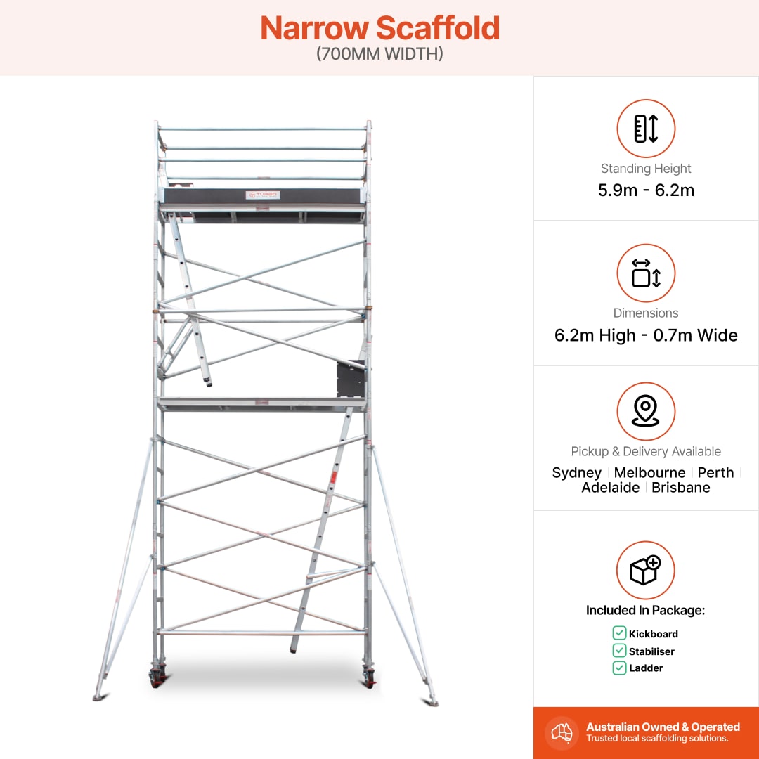 5.9m - 6.2m Narrow Aluminium Mobile Scaffold Base Tower with 4 Outriggers & Kickboards