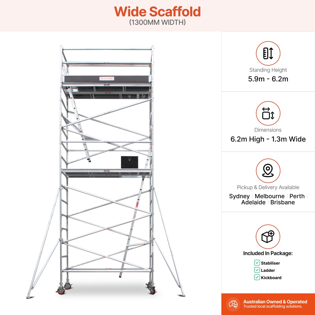 5.9m - 6.2m Wide Aluminium Mobile Scaffold Base Tower with 4 Outriggers & Kickboards