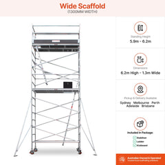 5.9m - 6.2m Wide Aluminium Mobile Scaffold Base Tower with 4 Outriggers & Kickboards