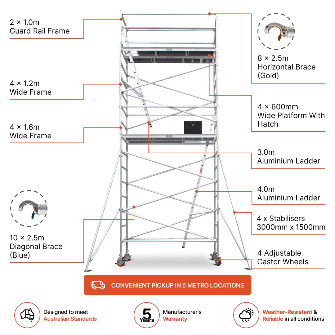 5.9m - 6.2m Wide Aluminium Mobile Scaffold Base Tower with 4 Outriggers