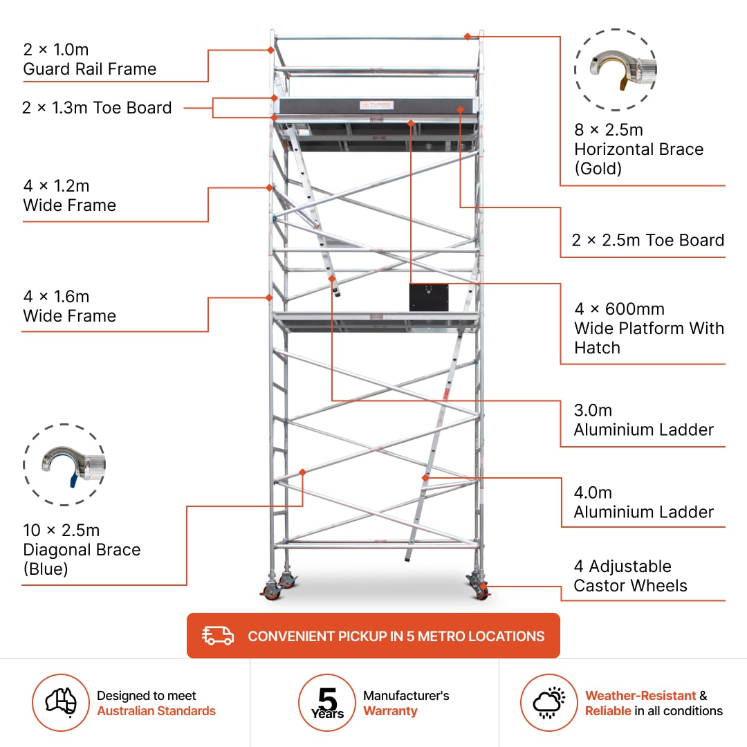 5.9m - 6.2m Wide Aluminium Mobile Scaffold Base Tower with Kickboards
