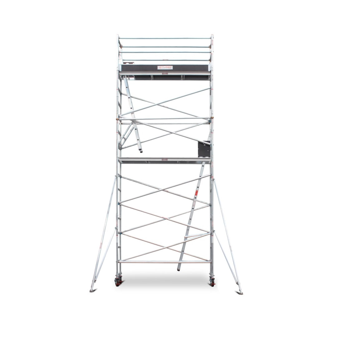 5.9m - 6.2m Narrow Aluminium Mobile Scaffold Base Tower with 4 Outriggers & Kickboards