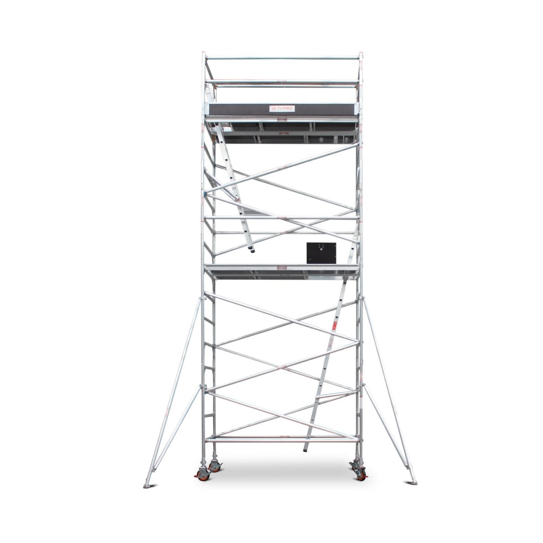 5.9m - 6.2m Wide Aluminium Mobile Scaffold Base Tower with 2 Outriggers & Kickboards