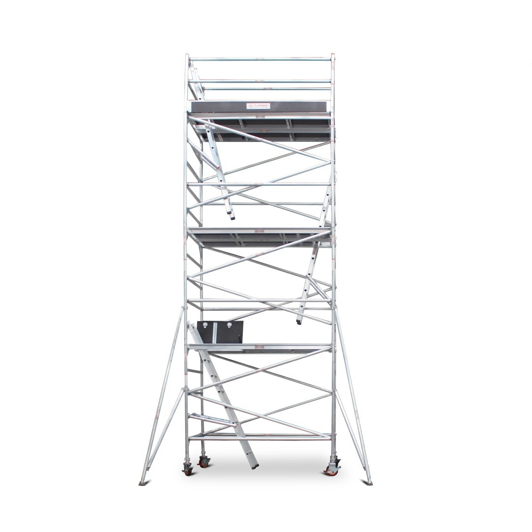 6.3m - 6.6m Wide Aluminium Mobile Scaffold Base Tower with 2 Outriggers & Kickboards