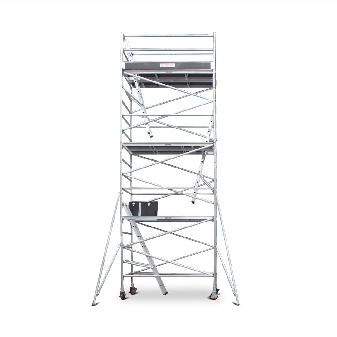 6.3m - 6.6m Wide Aluminium Mobile Scaffold Base Tower with 4 Outriggers & Kickboards