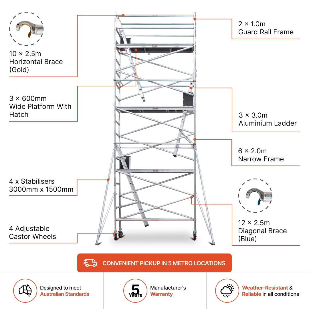 6.3m - 6.6m Narrow Aluminium Mobile Scaffold Base Tower with 4 Outriggers