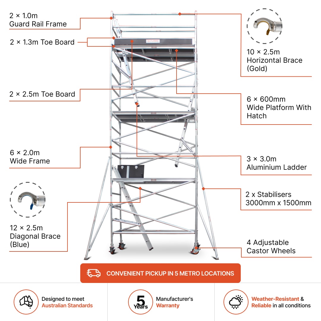 6.3m - 6.6m Wide Aluminium Mobile Scaffold Base Tower with 2 Outriggers & Kickboards