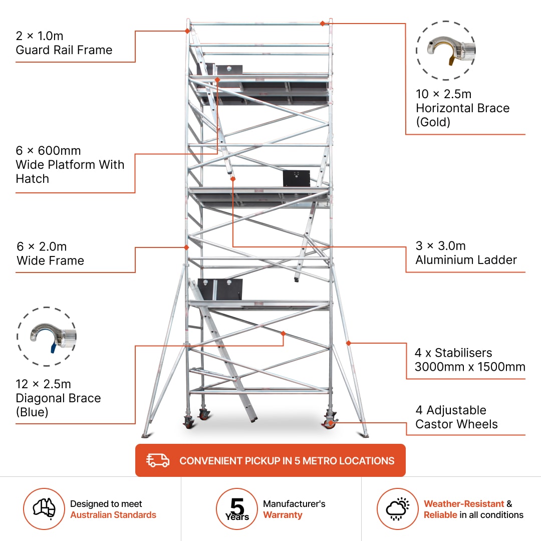 6.3m - 6.6m Wide Aluminium Mobile Scaffold Base Tower with 4 Outriggers